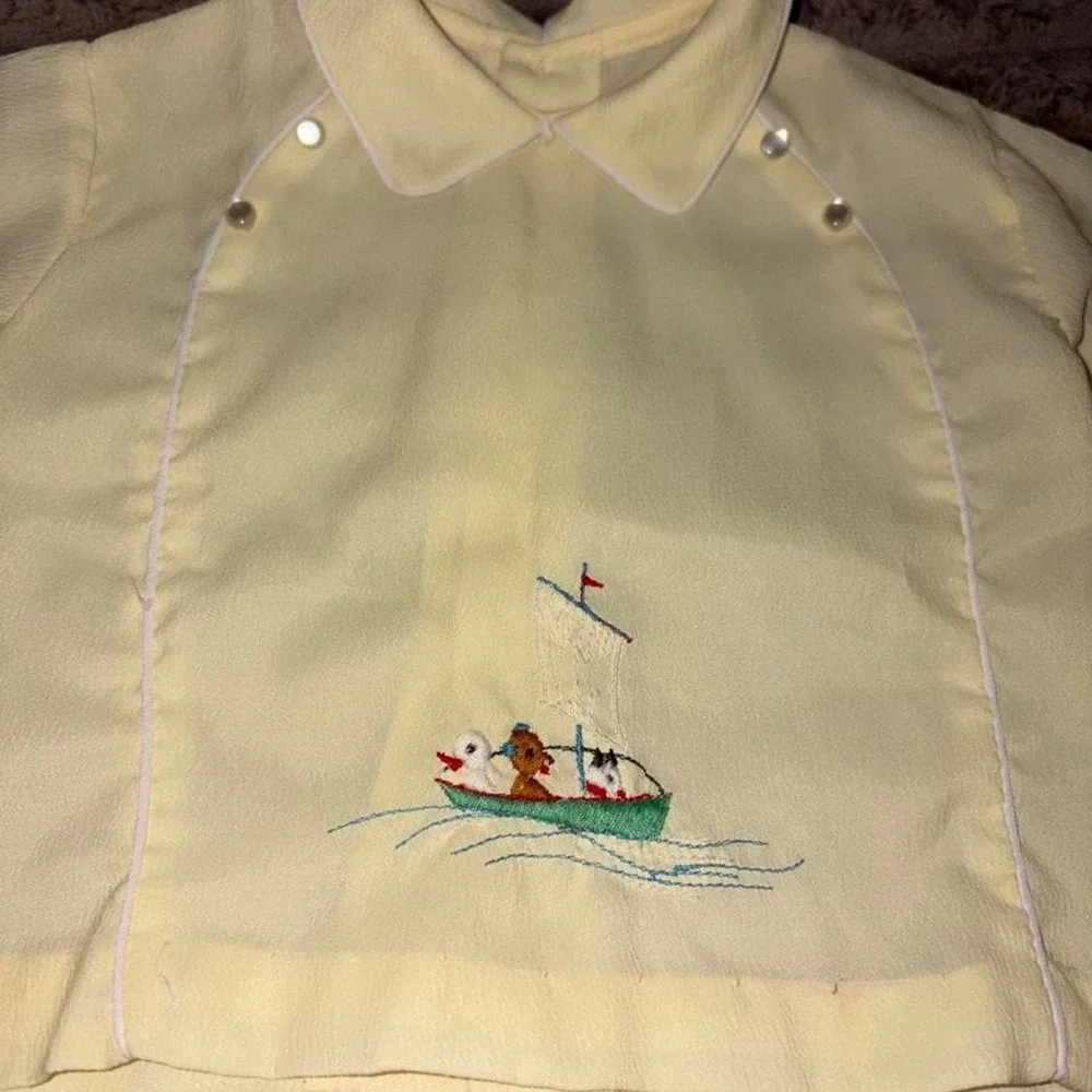 Vintage 1950s yellow baby boy sailor suit with embroidered sailboat 3-6 mo